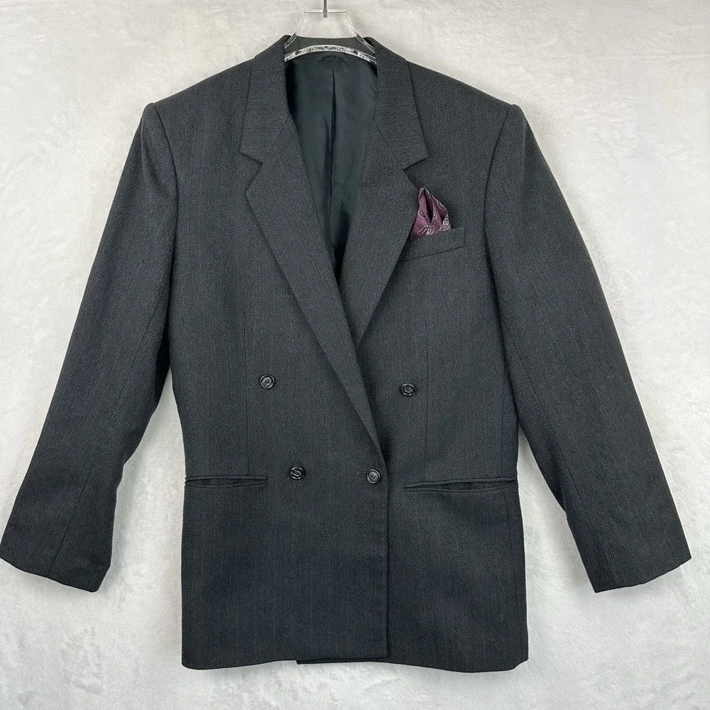 Hart Schaffner Marx Mens 40R Double Breasted Black Herringbone Suit Jacket EUC